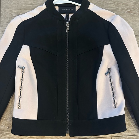 BCBG Max Azria Black Pink Waist Length Zipper Pockets XXS Structured Jacket - Picture 2 of 2